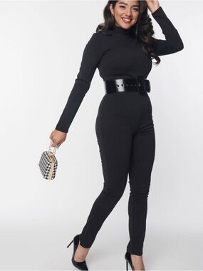 Unique Vintage Black Long-Sleeve Turtleneck Jumpsuit with Belt